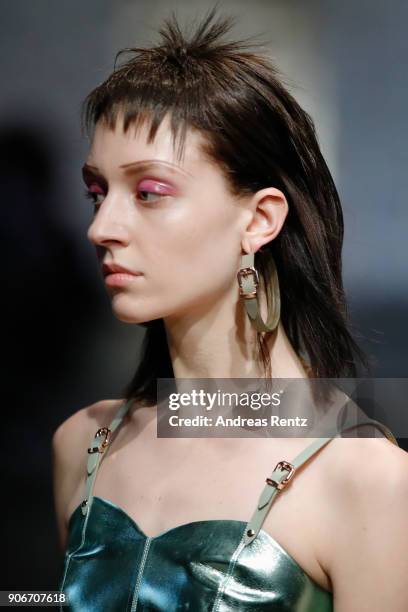 Model walks the catwalk at the Marina Hoermanseder Defile during 'Der Berliner Salon' AW 18/19 at Von Greifswald on January 18, 2018 in Berlin,...