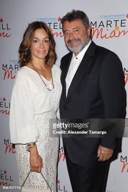 Carolina Beltran and Jesus Lopez are seen at the T.J. Martell Foundation Martell In Miami Charity Luncheon during NATPE 2018 at the Eden Roc Hotel on...