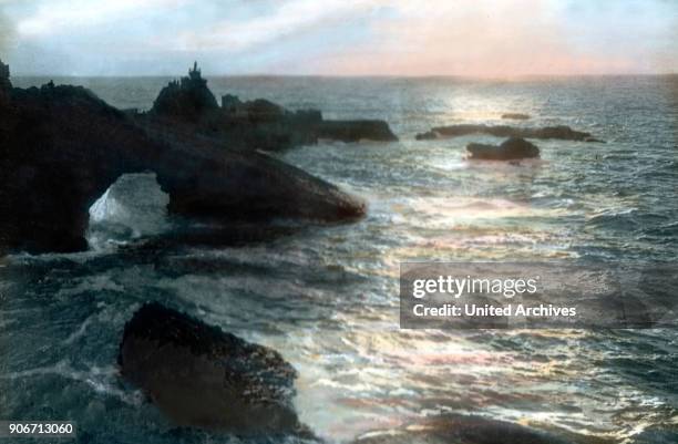 Virgin rock at the coast near Biarritz. Europe, France, Lourdes, pilgrim, pilgrimage, religion, history, historical, 1910s, 1920s, 20th century,...