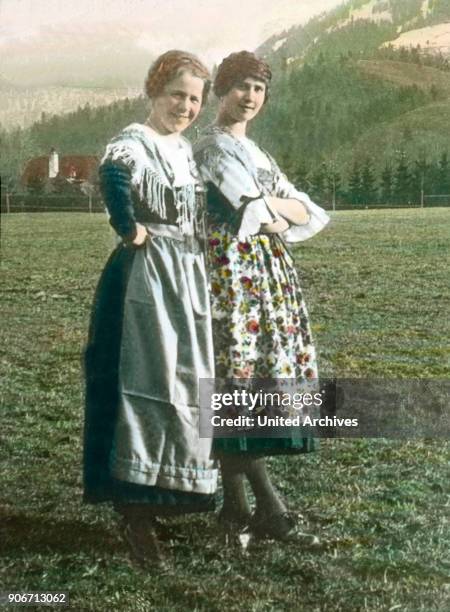 Bavarian Girls. Bavaria, history, historical, 1910s, 1920s, 20th century, archive, Carl Simon, hand coloured glass slide, girl, standing, girls,...