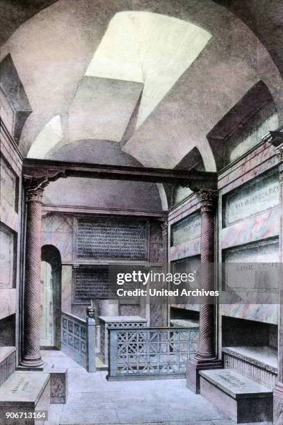 Papal tomb of Callixtus after renovation at the catacomb area at Rome, Italy 1920s.