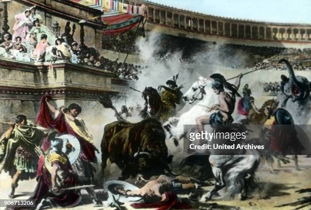 Fighting and animal hunting at the Circus Maximus in the days of emperor Nero at Rome, Italy.