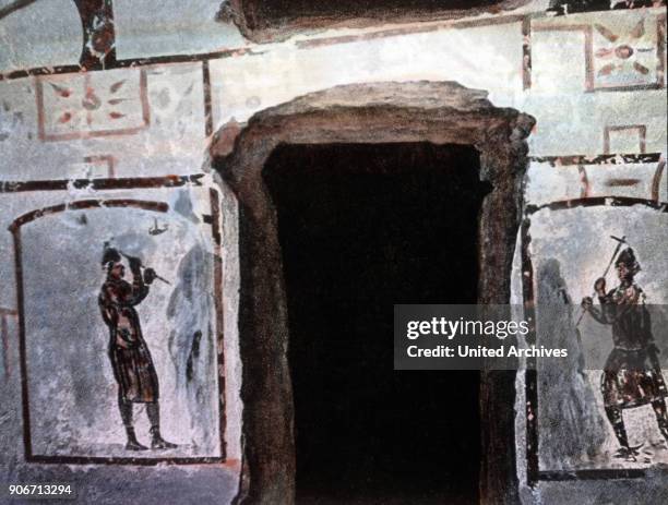 This wall relief shows fossors or grave diggers at their working place, Rome, Italy 1920s.