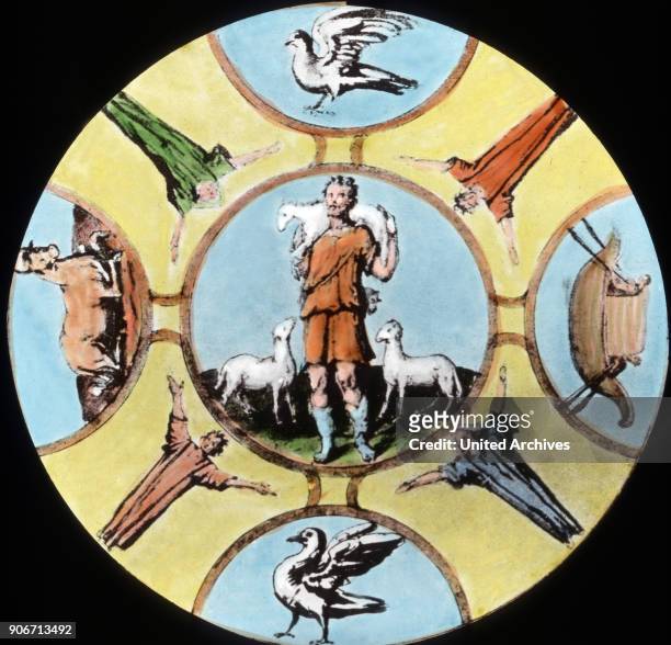 Ceiling painting depicting the good shepherd at the catacombs alongside the Via Appia at Rome, Italia.