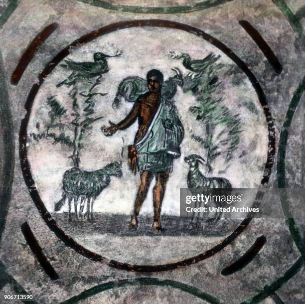 Ceiling painting depicting the good shepherd at the catacombs alongside the Via Appia at Rome, Italia.