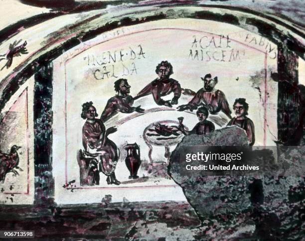 Wall painting of the Last Supper at a catacomb at Rome, Italy.