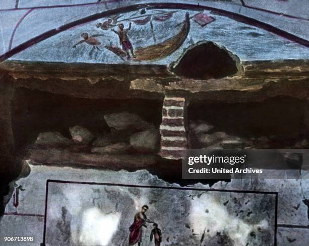 Wall painting of the church as a ship in the storm at a catacomb at Rome, Italy.