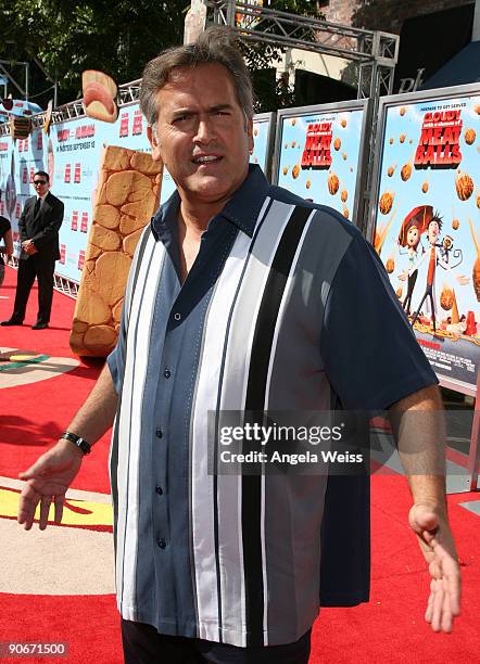 Actor Bruce Campbell arrives to the premiere of Sony's 'Cloudy With A Chance Of Meatballs' at the Mann Village Theater on September 12, 2009 in Los...