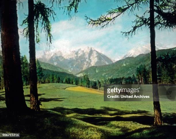 View to Seefeld valley at the Karwendel mountain range, Tyrol, 1920s.