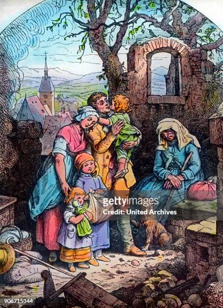 Engraving depicting the returning of a family to their war raged home, Germany 1920s.