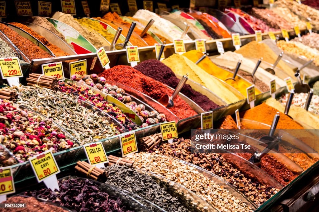 Rows of Spices at the Spicy Bazaar in Istanbul