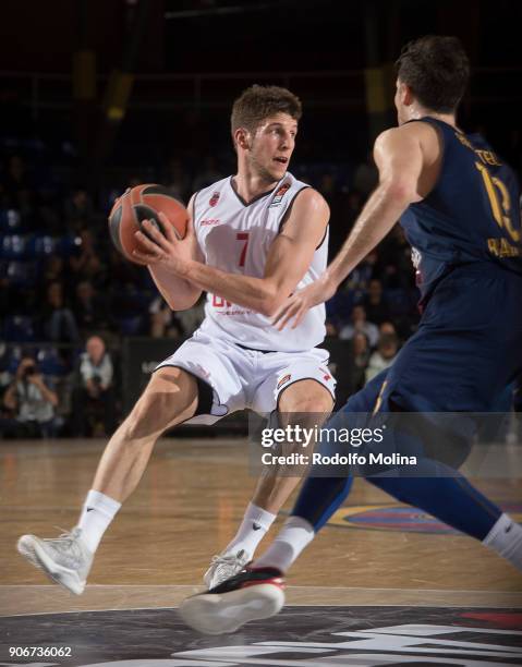 Aleksej Nikolic, #7 of Brose Bamberg in action during the 2017/2018 Turkish Airlines EuroLeague Regular Season Round 19 game between FC Barcelona...