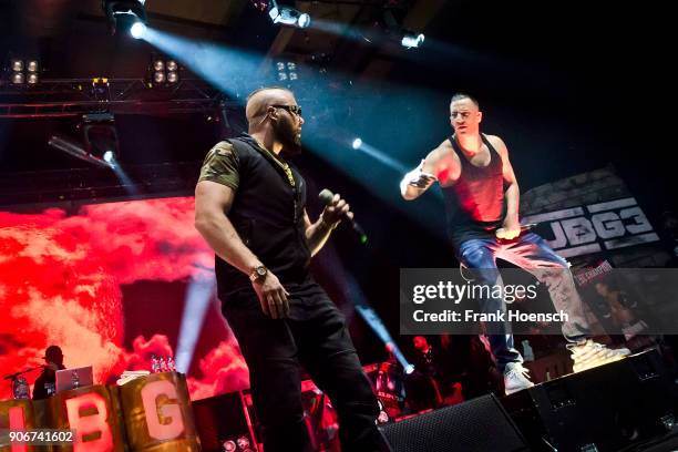 German rapper Kollegah and Farid Bang perform live on stage during a concert at the Columbiahalle on January 18, 2018 in Berlin, Germany.
