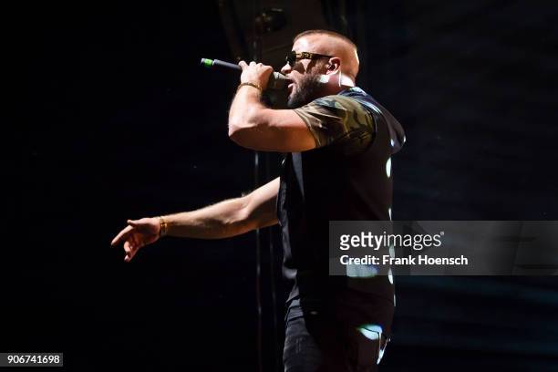 German rapper Kollegah performs live on stage during a concert at the Columbiahalle on January 18, 2018 in Berlin, Germany.