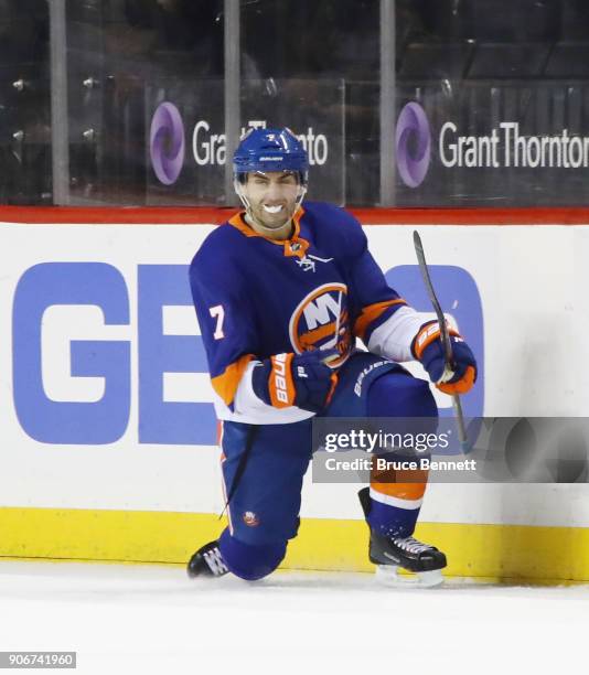 Jordan Eberle of the New York Islanders celebrates his goal at 7:35 of the first period against the Boston Bruins at the Barclays Center on January...