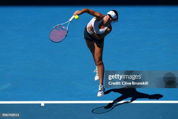 Magda Linette of Poland serves in her third round match against Denisa Allertova of the Czech Republic on day five of the 2018 Australian Open at...