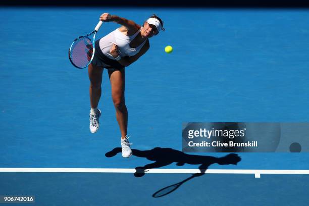 Magda Linette of Poland serves in her third round match against Denisa Allertova of the Czech Republic on day five of the 2018 Australian Open at...
