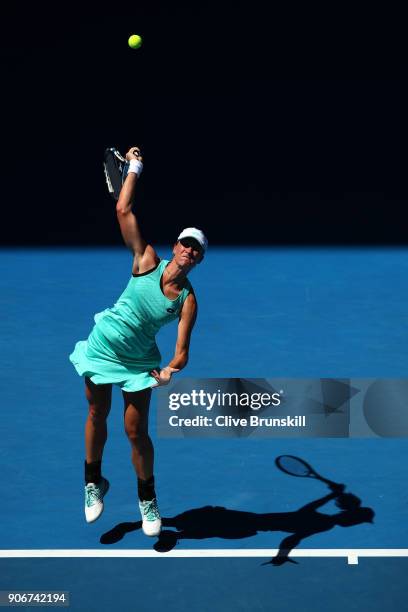 Denisa Allertova of the Czech Republic serves in her third round match against Magda Linette of Poland on day five of the 2018 Australian Open at...