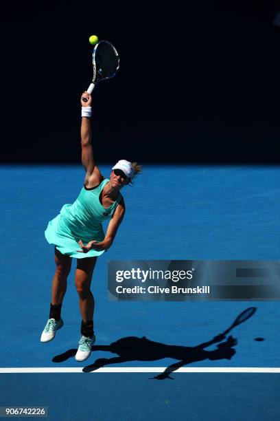 Denisa Allertova of the Czech Republic serves in her third round match against Magda Linette of Poland on day five of the 2018 Australian Open at...