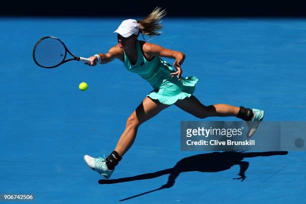 Denisa Allertova of the Czech Republic plays a forehand in her third round match against Magda Linette of Poland on day five of the 2018 Australian...