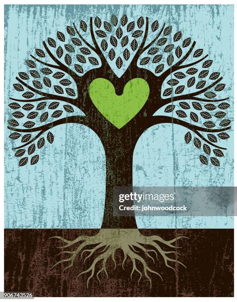 peeling paint green heart tree - tree root stock illustrations