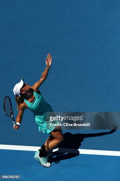 Denisa Allertova of the Czech Republic serves in her third round match against Magda Linette of Poland on day five of the 2018 Australian Open at...