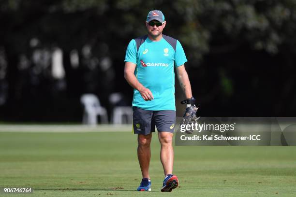 Head Coach Ryan Harris of Australia looks on prior to the ICC U19 Cricket World Cup match between Australia and PNG at Lincoln Oval on January 19,...