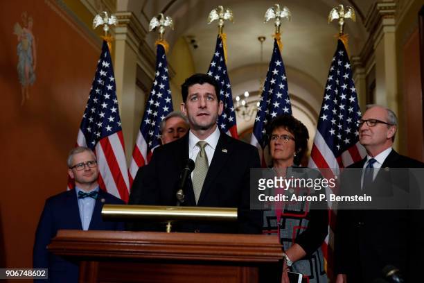 Speaker of the House Paul Ryan speaks at a news conference at the U.S. Capitol January 18, 2018 in Washington, DC. A continuing resolution to fund...