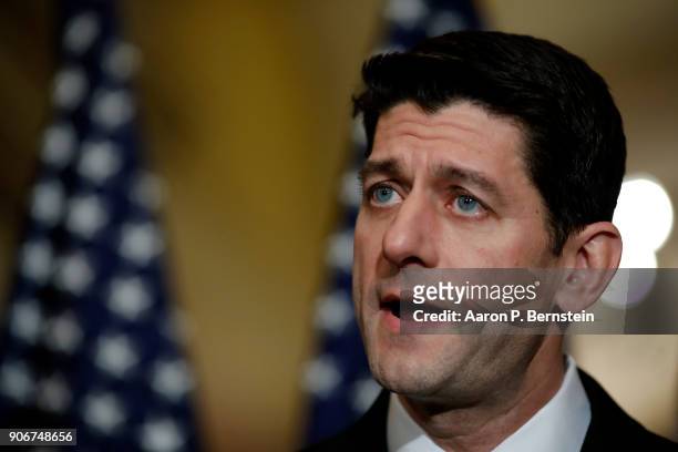 Speaker of the House Paul Ryan speaks at a news conference at the U.S. Capitol January 18, 2018 in Washington, DC. A continuing resolution to fund...