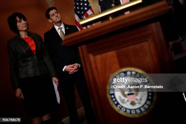 Speaker of the House Paul Ryan and Rep. Cathy McMorris Rodgers , at left, look on at a news conference at the U.S. Capitol January 18, 2018 in...