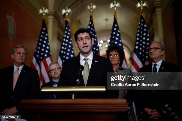 Speaker of the House Paul Ryan speaks at a news conference at the U.S. Capitol January 18, 2018 in Washington, DC. A continuing resolution to fund...