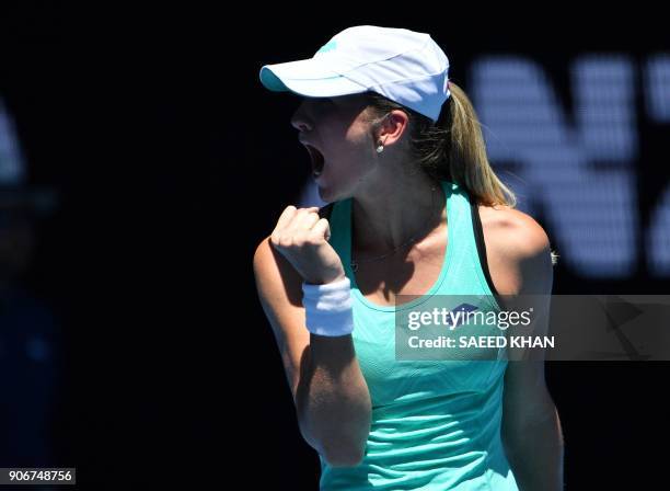 Czech Republic's Denisa Allertova celebrates beating Poland's Magda Linette in their women's singles third round match on day five of the Australian...