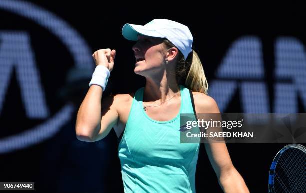 Czech Republic's Denisa Allertova celebrates beating Poland's Magda Linette in their women's singles third round match on day five of the Australian...