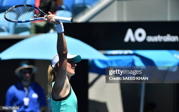 Czech Republic's Denisa Allertova celebrates beating Poland's Magda Linette in their women's singles third round match on day five of the Australian...