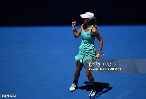 Czech Republic's Denisa Allertova celebrates beating Poland's Magda Linette in their women's singles third round match on day five of the Australian...