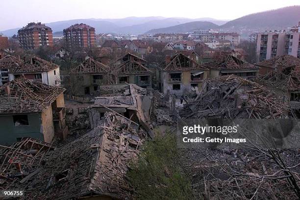 The central residential area of the southern Serbian town of Aleksinac is seen after it was hit Tuesday April 6, 1999 by a NATO missiles. NATO...