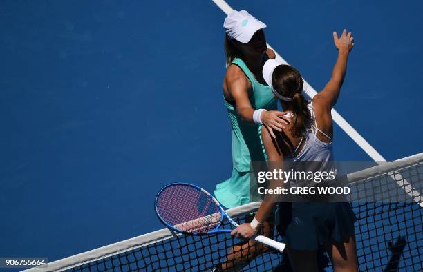 Czech Republic's Denisa Allertova celebrates beating Poland's Magda Linette in their women's singles third round match on day five of the Australian...