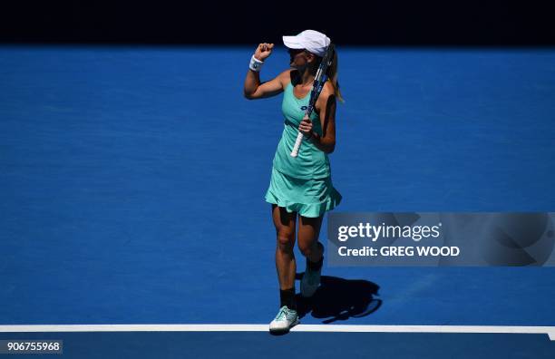 Czech Republic's Denisa Allertova celebrates beating Poland's Magda Linette in their women's singles third round match on day five of the Australian...