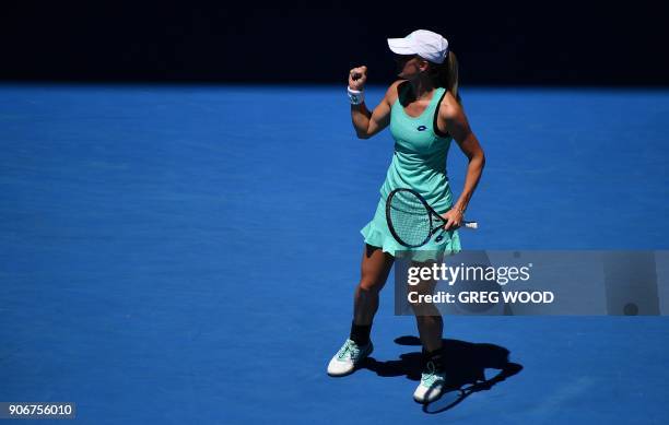 Czech Republic's Denisa Allertova celebrates beating Poland's Magda Linette in their women's singles third round match on day five of the Australian...