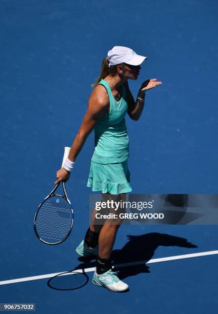 Czech Republic's Denisa Allertova celebrates beating Poland's Magda Linette in their women's singles third round match on day five of the Australian...