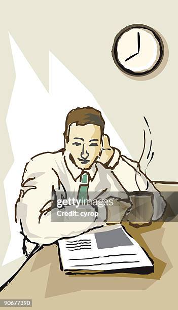 morning coffee break - reading documents office stock illustrations