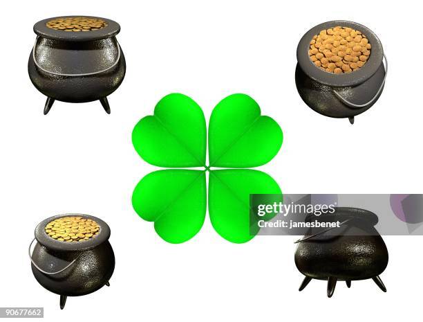 lucky gold pot (isolated) - pot of gold stock pictures, royalty-free photos & images