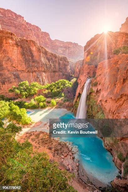 havasu falls in arizona plunges in turquoise waters as the sun rises above the cliffside - supai - fotografias e filmes do acervo