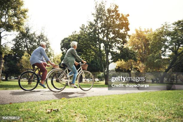 keeping the body strong with regular bicycle rides - adult riding bike through park stock pictures, royalty-free photos & images