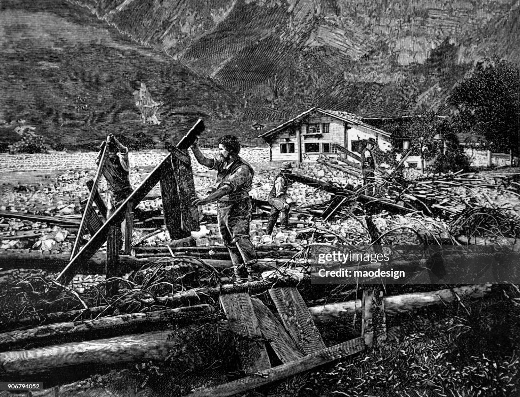 Landwirt bestellt am Flussufer nach der Flut - 1896