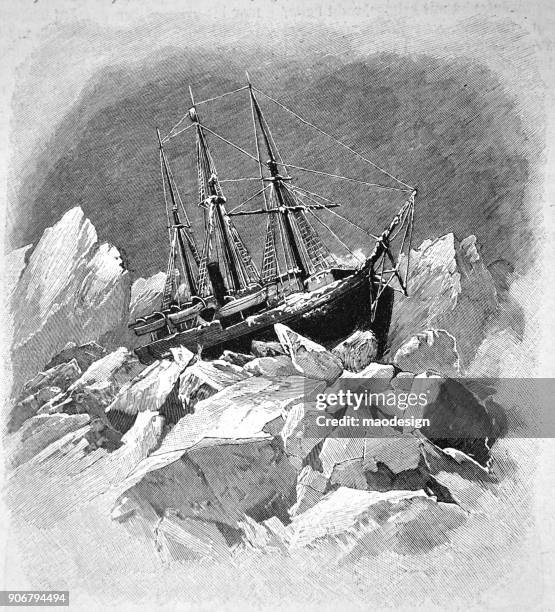 sailboat in the ice mountains - 1896 - arctic stock illustrations