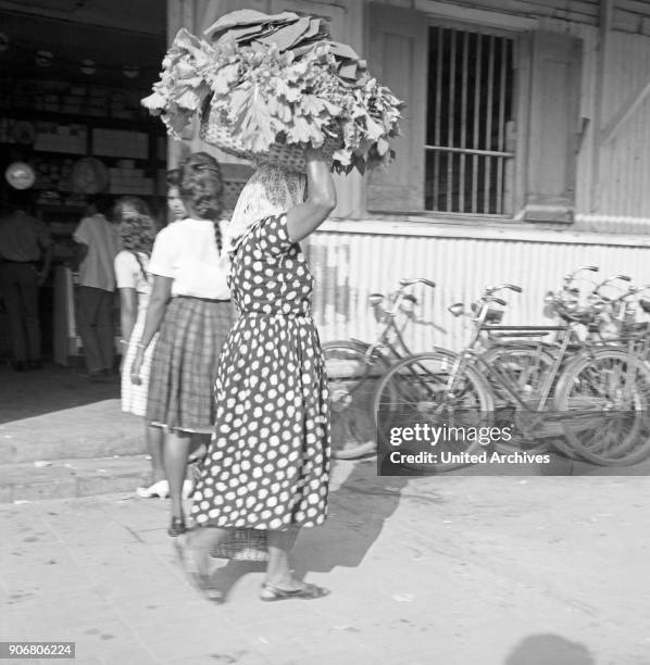 Women in Paramaribo carries basket on her head, Suriname 1966.