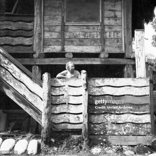 Visit at hermit and gold panner Don Jorge at Rio Napo, Ecuador 1960s.