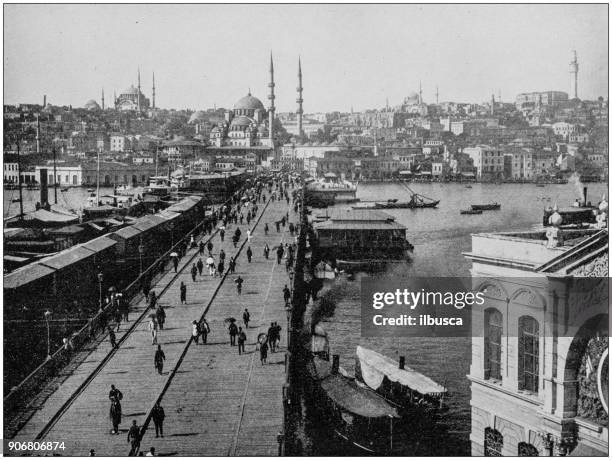 antique photograph of world's famous sites: galata bridge, istanbul, turkey - past stock illustrations