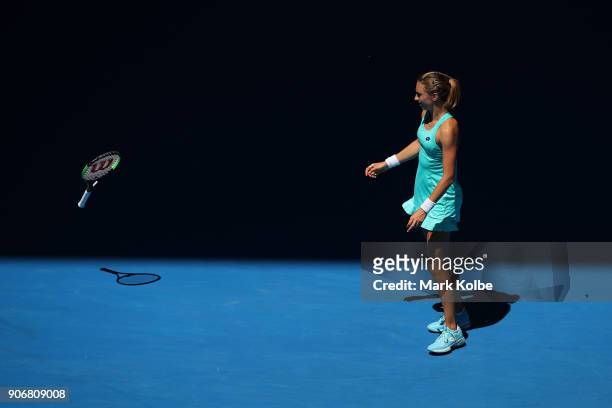 Petra Martic of Croatia throws her racquet in her third round match against Luksika Kumkhum of Thailand on day five of the 2018 Australian Open at...